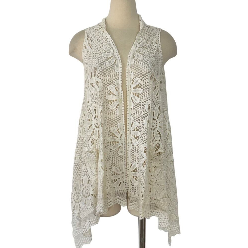 Johnny Was Crochet Lace Boho Floral Sleeveless Cardigan Open-Front White XS